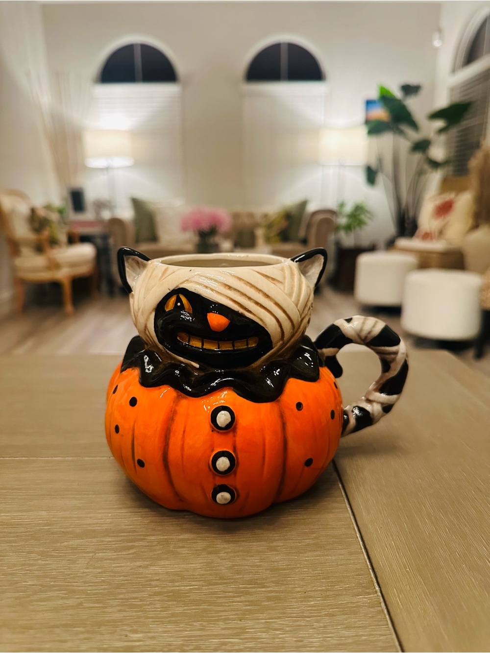 Halloween Cat Pumpkin Ceramic Mug in Orange and Black